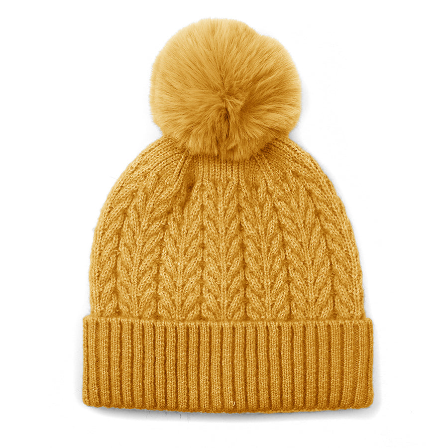 Recycled Herringbone Bobble Hat Mustard - POM