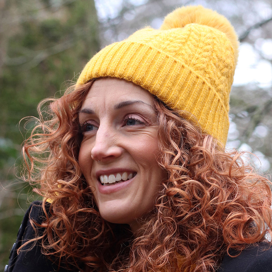 Recycled Herringbone Bobble Hat Mustard - POM