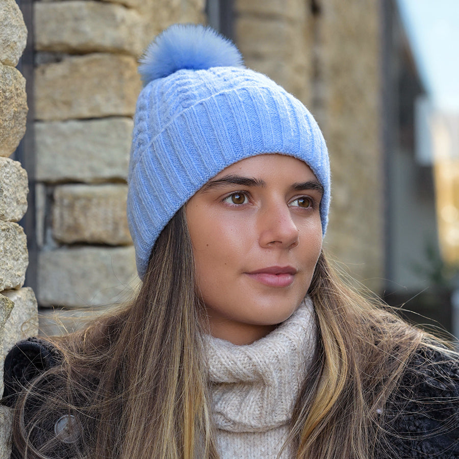 Recycled Herringbone Bobble Hat Blue - POM