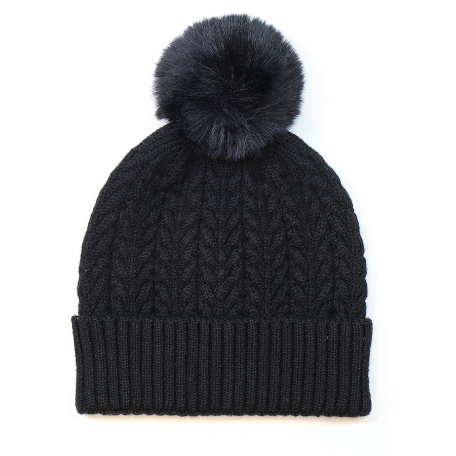 Recycled Herringbone Bobble Hat - Black - POM