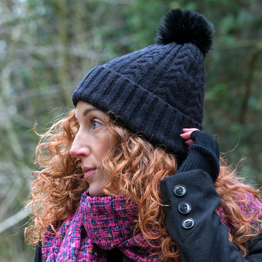 Recycled Herringbone Bobble Hat - Black - POM