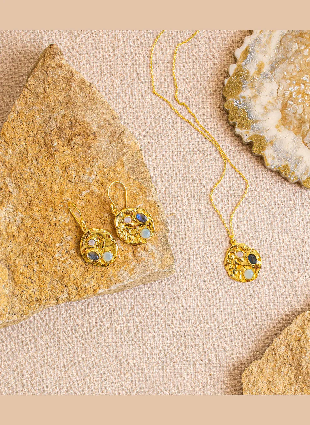 Rhode Gemstone Coin Earrings - Aqua & Labradorite