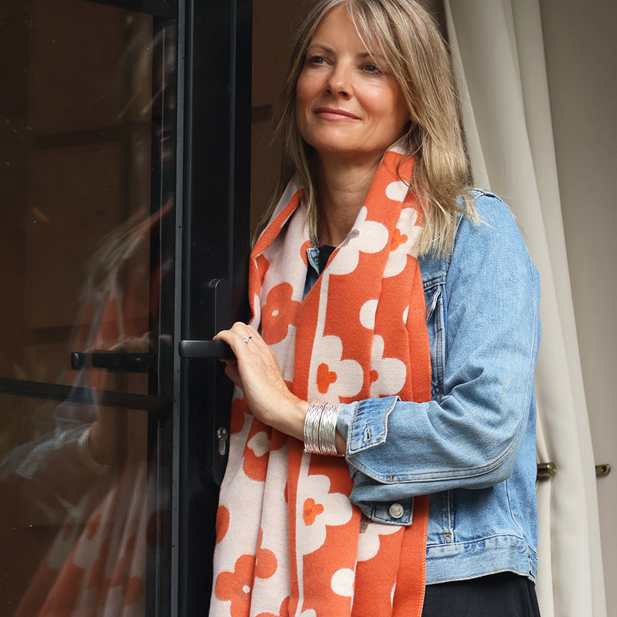 POM - Poppies Jacquard Scarf - Orange/Cream