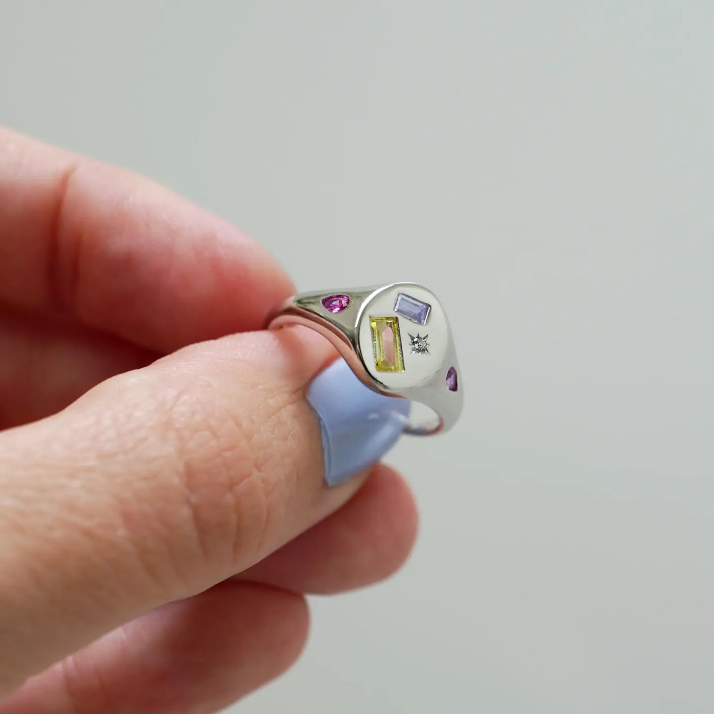 Multi Stone Jewelled Adjustable Signet Ring - Silver