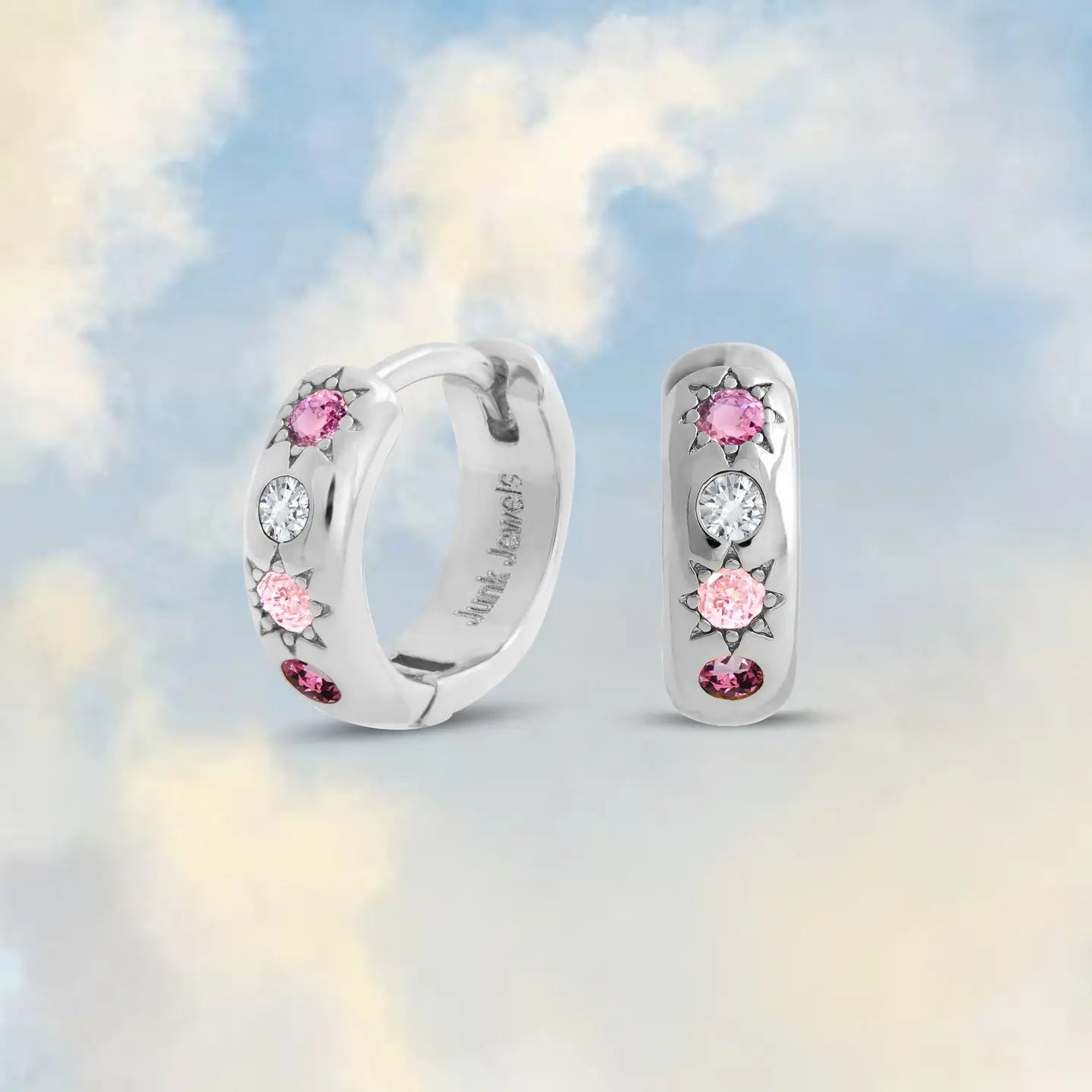 Pink Stone Petite Hoop Earrings - Silver