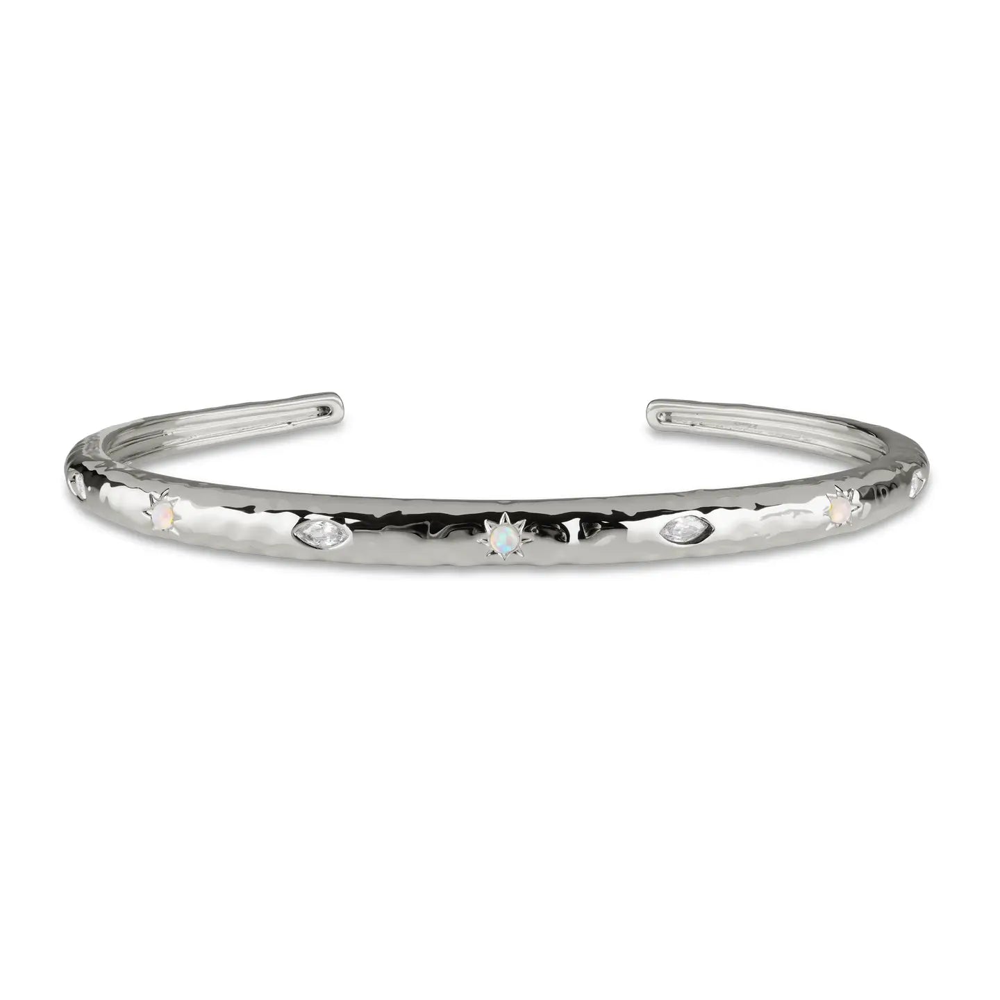 Opal Jewelled Textured Bangle - Silver
