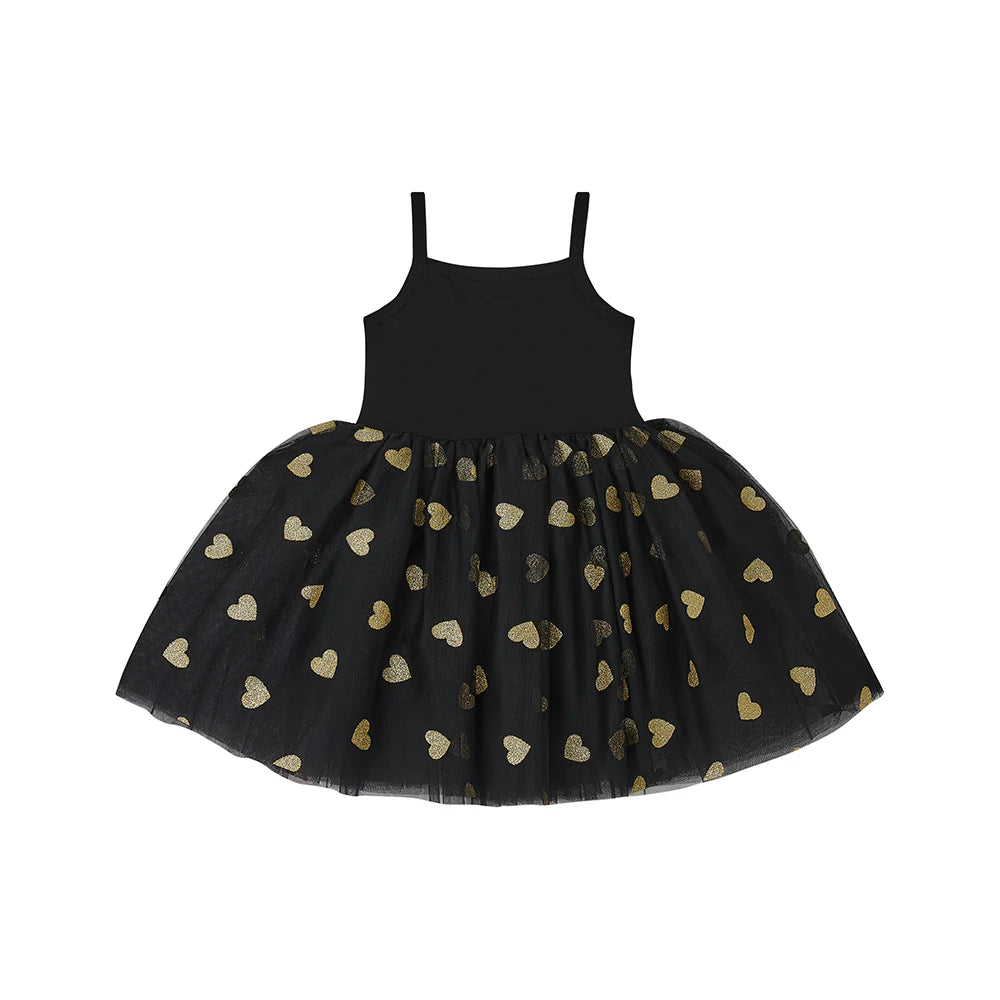 Bob & Blossom - Black & Gold Glitter Heart Dress Age 4-6