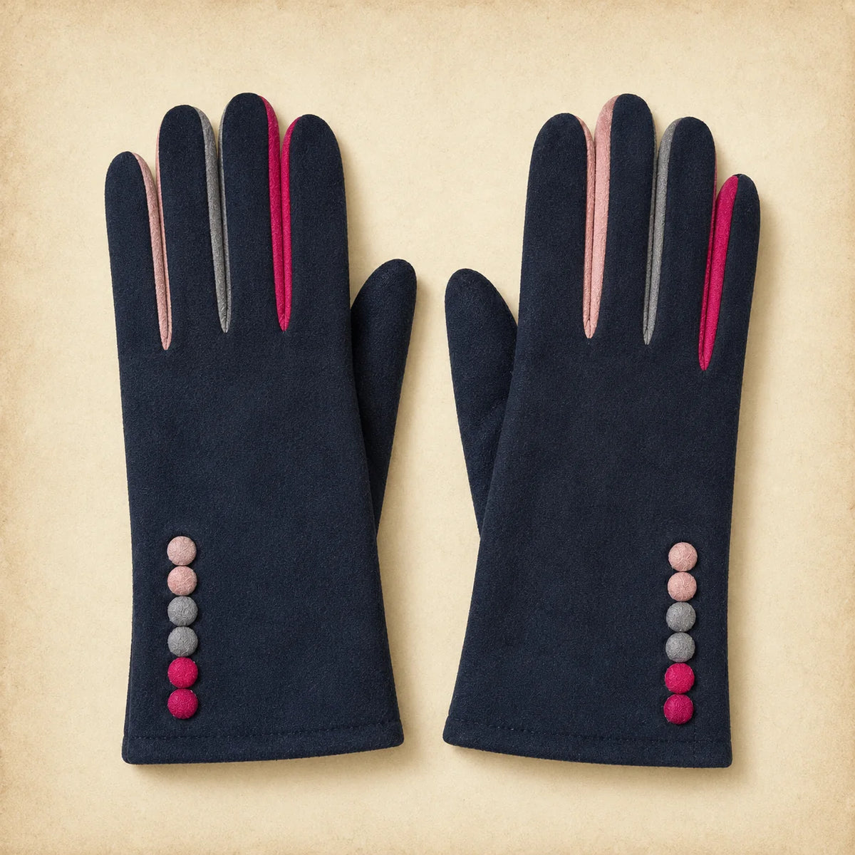 Faux Suede Gloves with Multi Colour Buttons