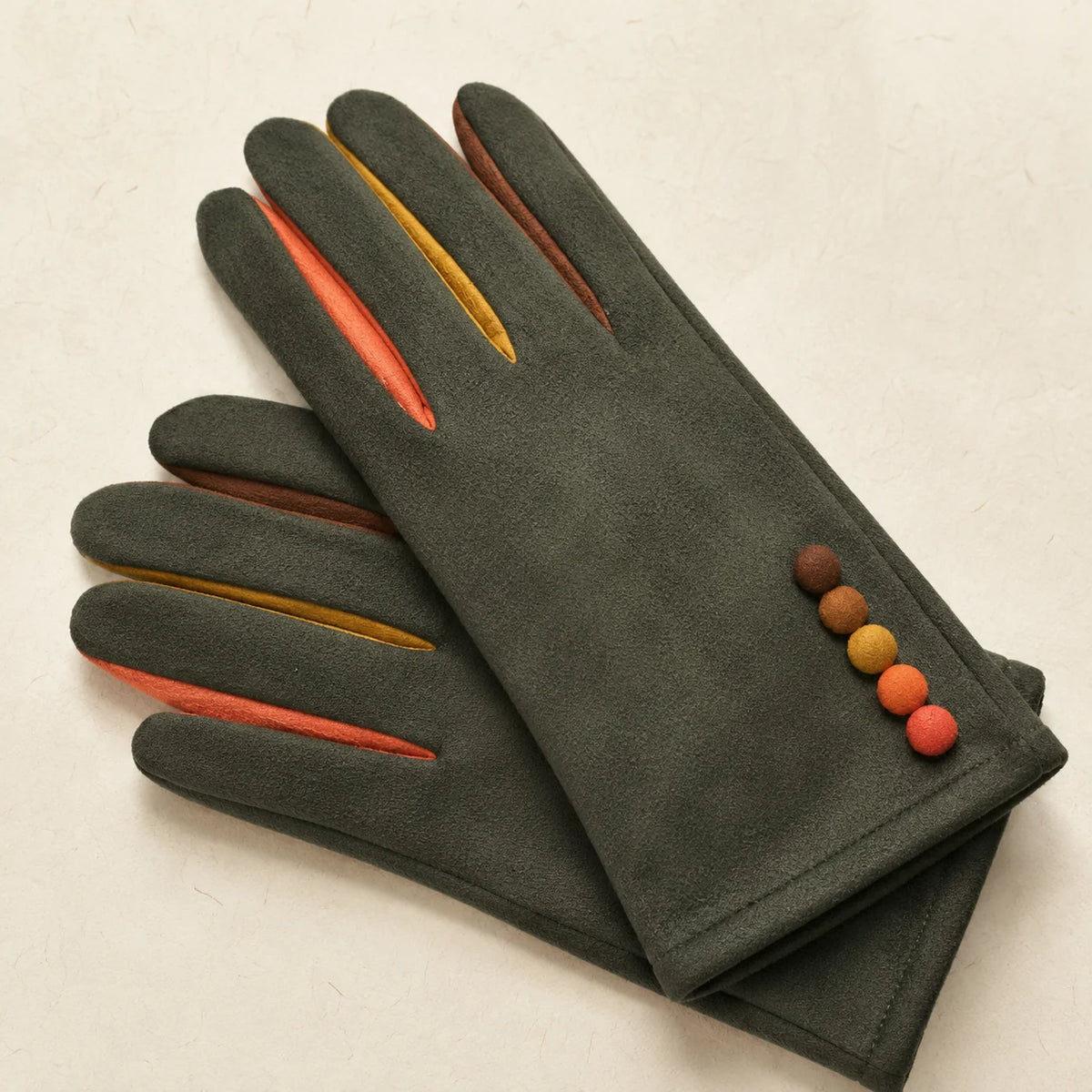 Faux Suede Gloves with Multi Colour Buttons