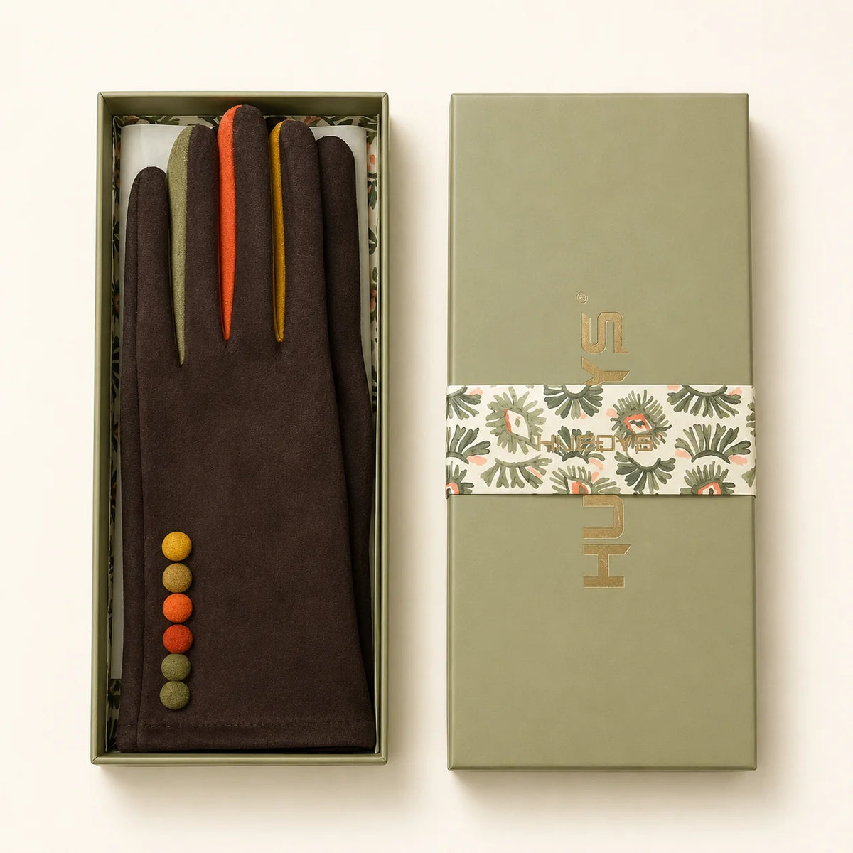 Faux Suede Gloves with Multi Colour Buttons