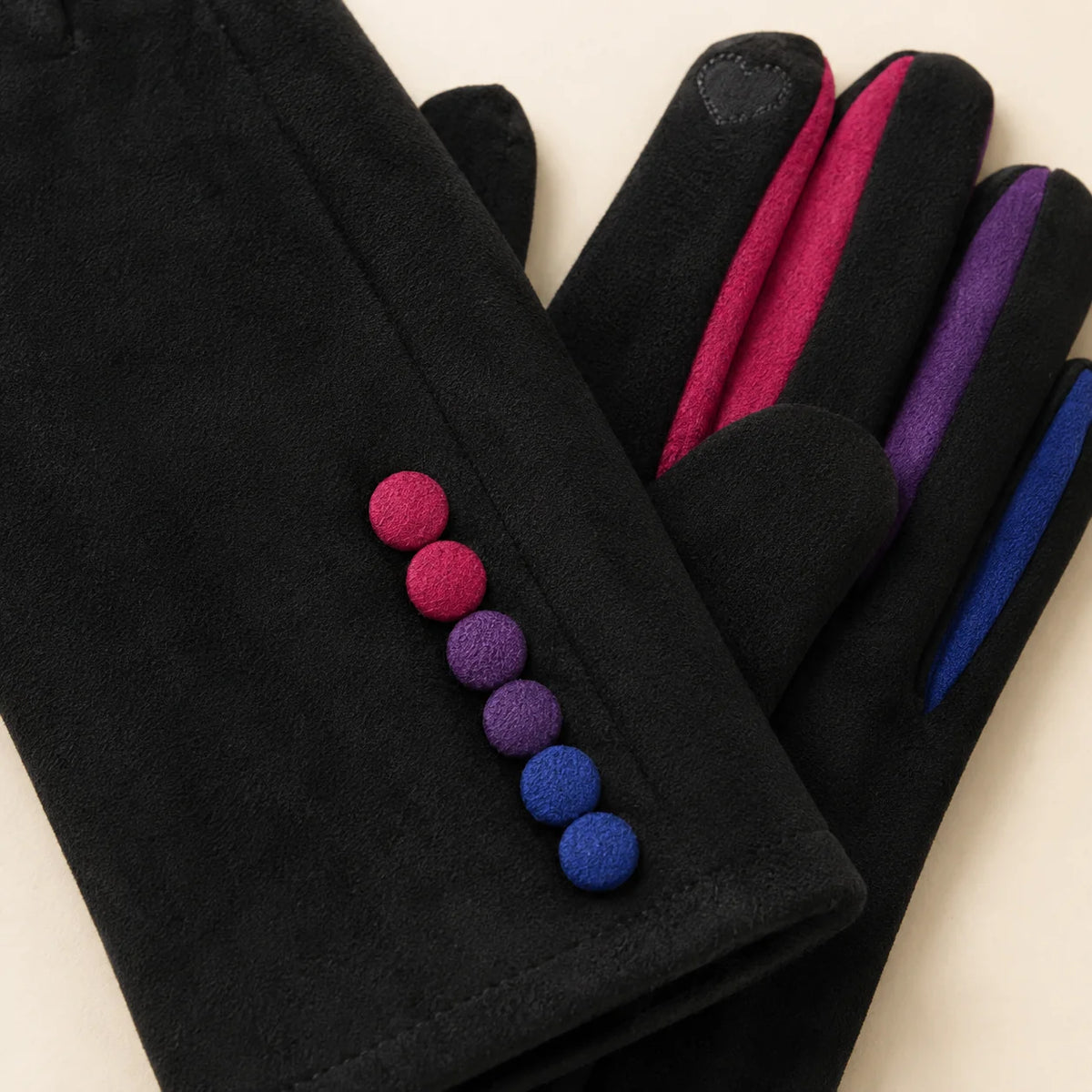 Faux Suede Gloves with Multi Colour Buttons