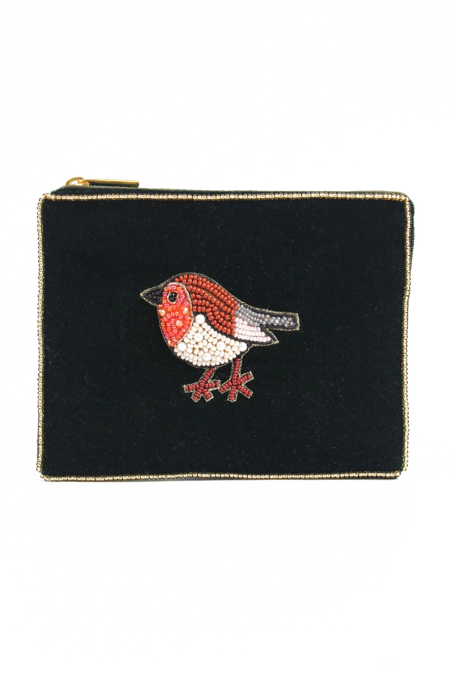 Velvet Dark Green Robin - Small Pouch