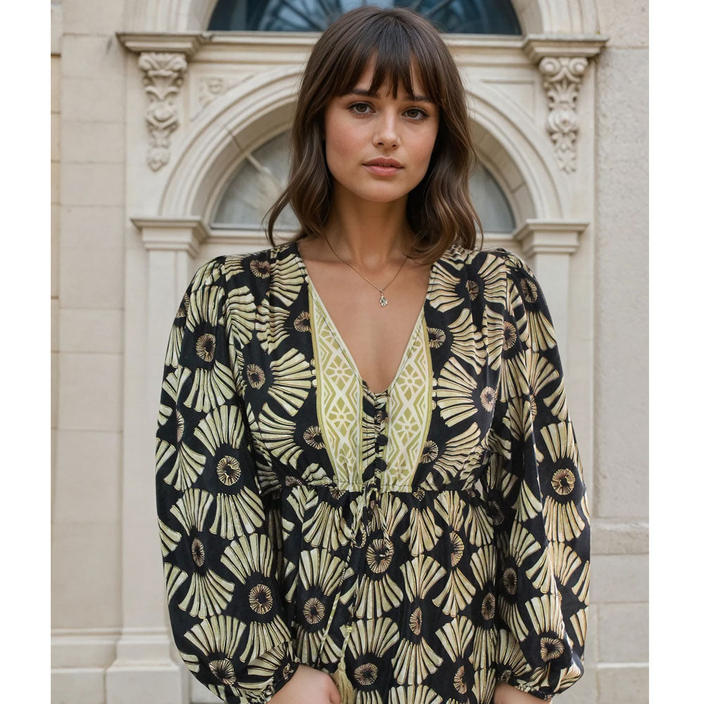 Netra - Black & Gold Fan Print Long Sleeve Dress