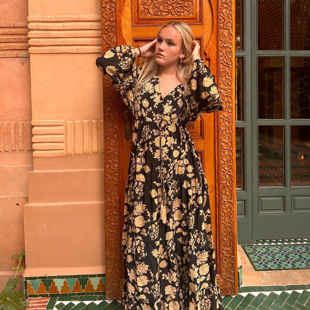 Beba - Black & Gold Floral Long Sleeve Dress