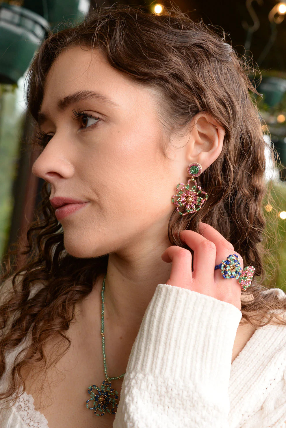 Pink & Green Flower Beaded Earrings