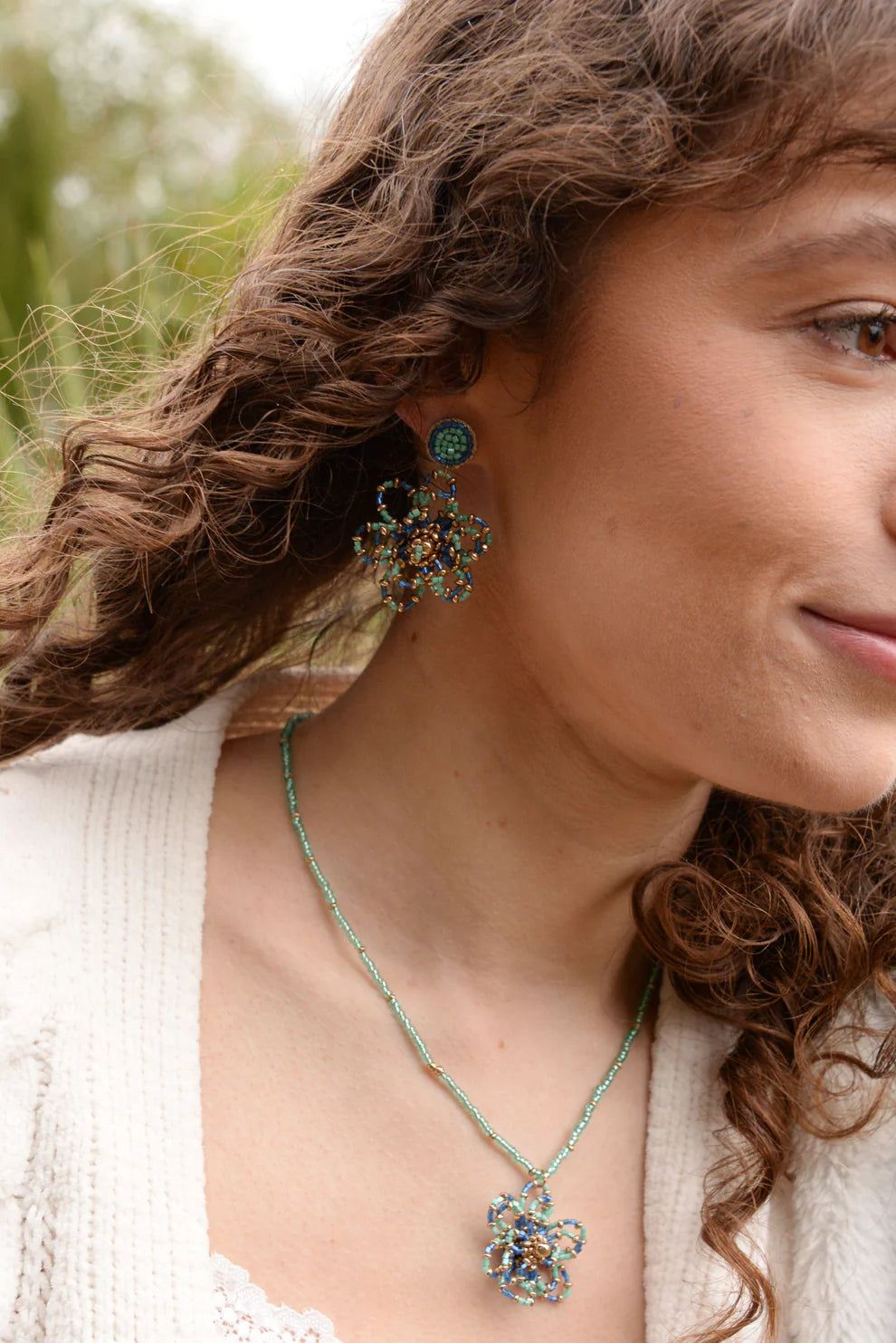 Turquoise & Blue Flower Beaded Earrings
