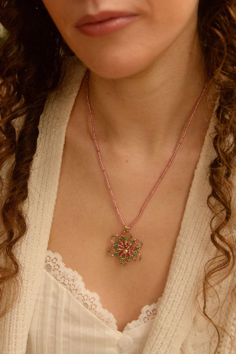 Pink & Green Flower Beaded Necklace