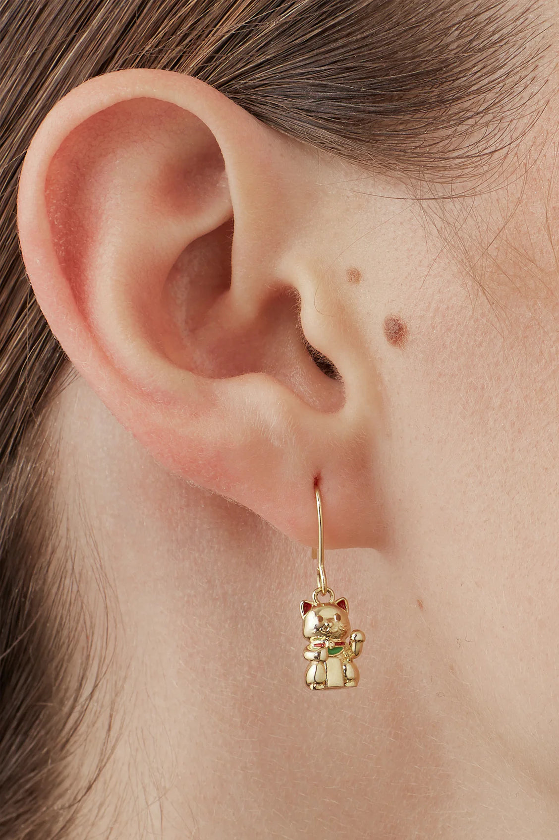 Gold Lucky Cat Drop Hook Earrings
