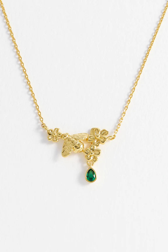 Floral Bee Green Necklace Gold Plated
