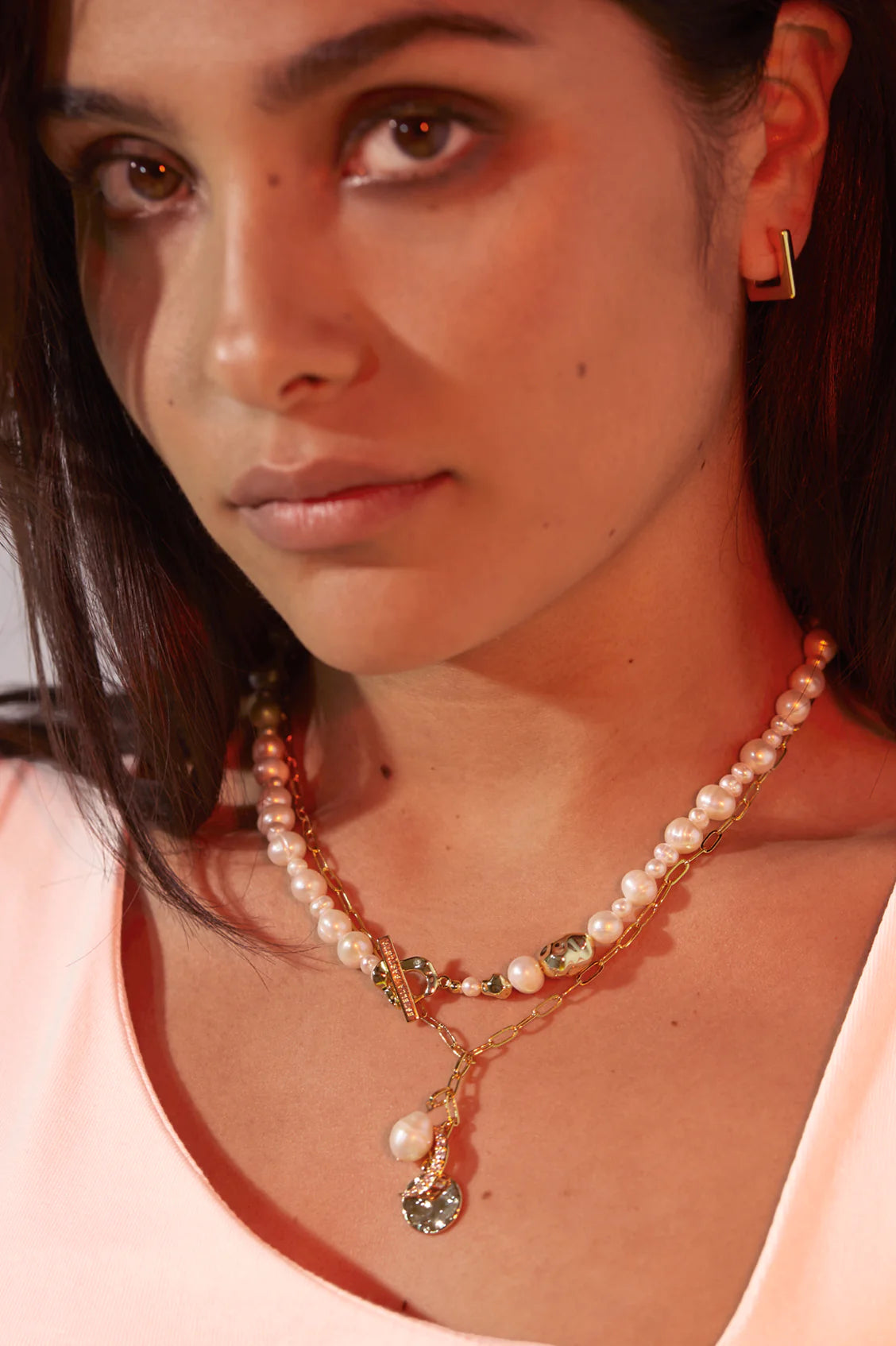 Organic Pearl & Nugget T-Bar Necklace
