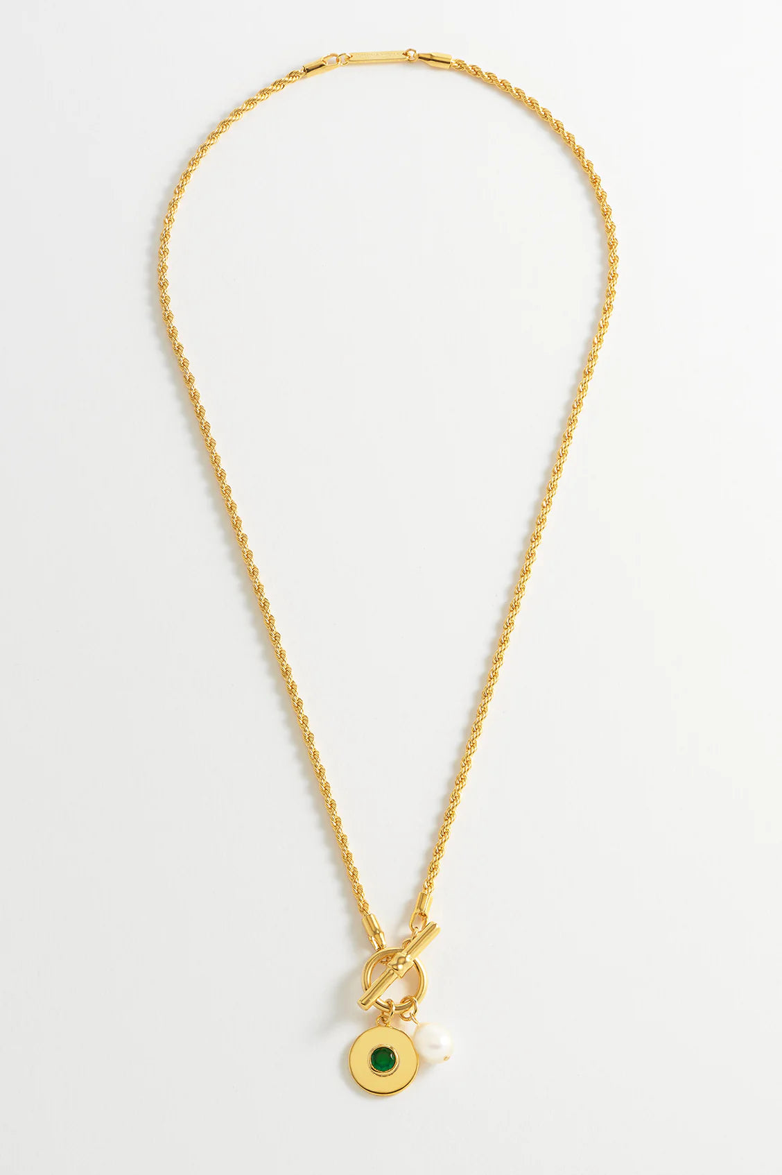 Green & Pearl Rope T Bar Necklace - Gold