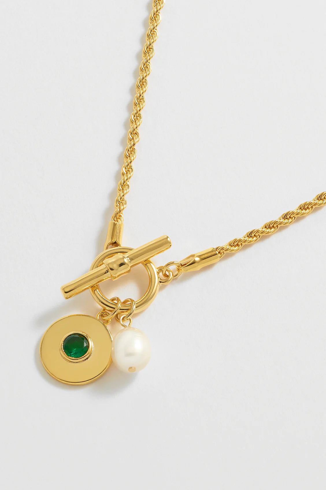Green & Pearl Rope T Bar Necklace - Gold