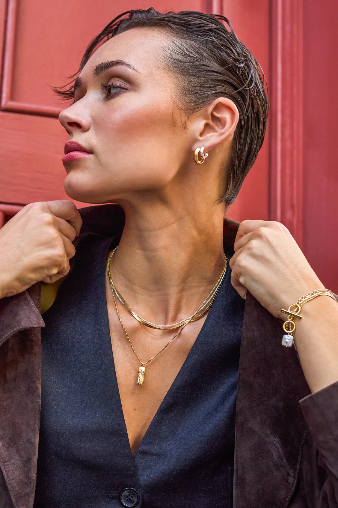 Mixed Metal Herringbone Chain Double Necklace