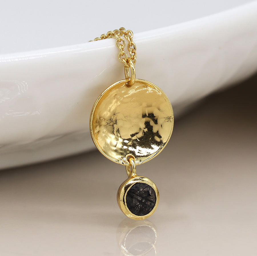 Gold Plated Beaten Disc Necklace with Rutile Quartz