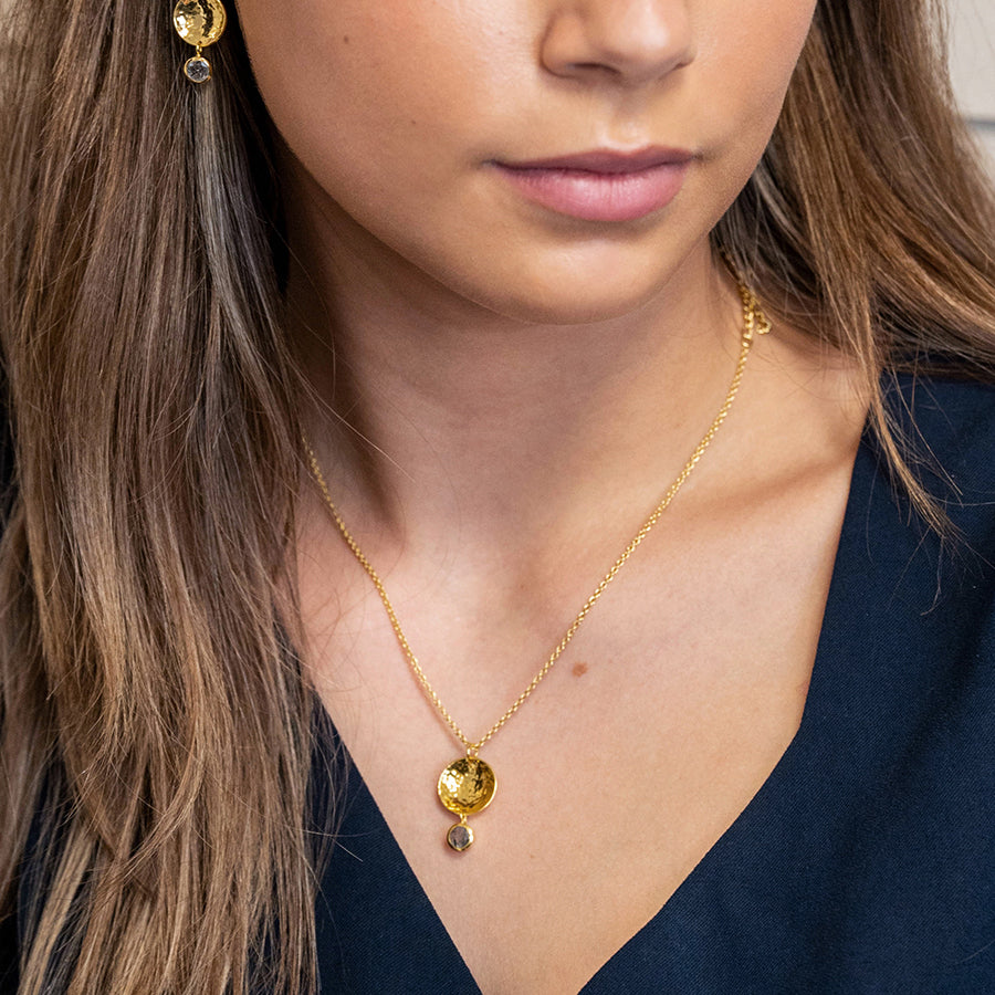 Gold Plated Beaten Disc Necklace with Rutile Quartz