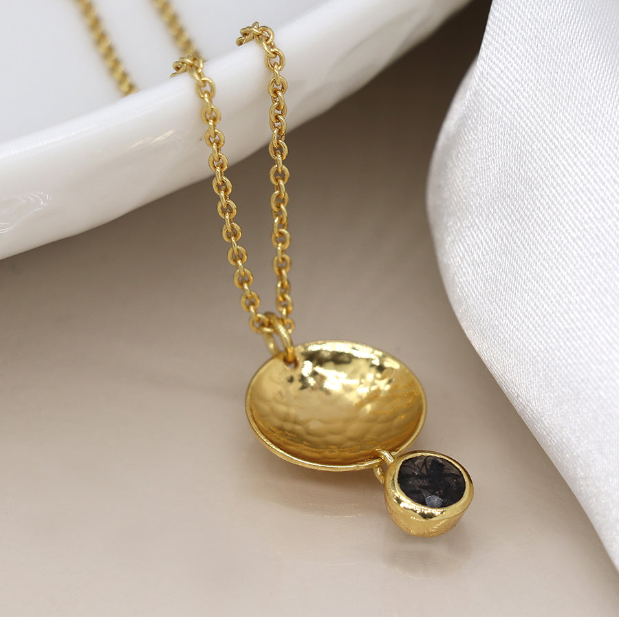 Gold Plated Beaten Disc Necklace with Rutile Quartz