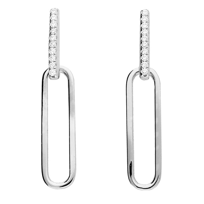 Bar and Paper Chain Link Stud Drop Earring - Silve