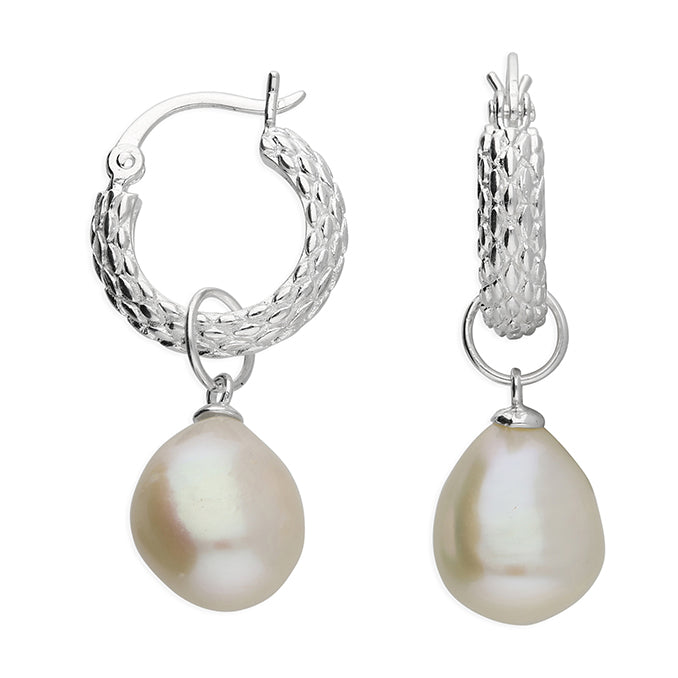 Basket Weave Hoop Earrings with a Freshwater Pearl