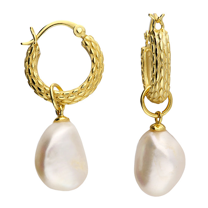 Basket Weave Hoop Earrings with a Freshwater Pearl