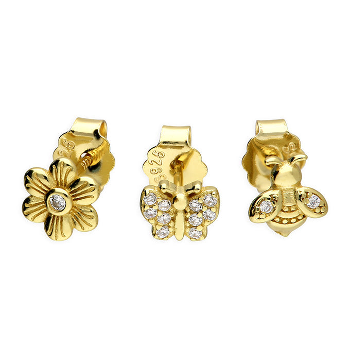 Gold Plated Sterling Silver Set of 3 Stud Earrings