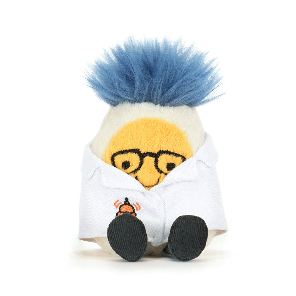 Front view of Amuseables Boiled Egg Scientist Outfit with a yellow yolk face, black glasses and white lab coat.