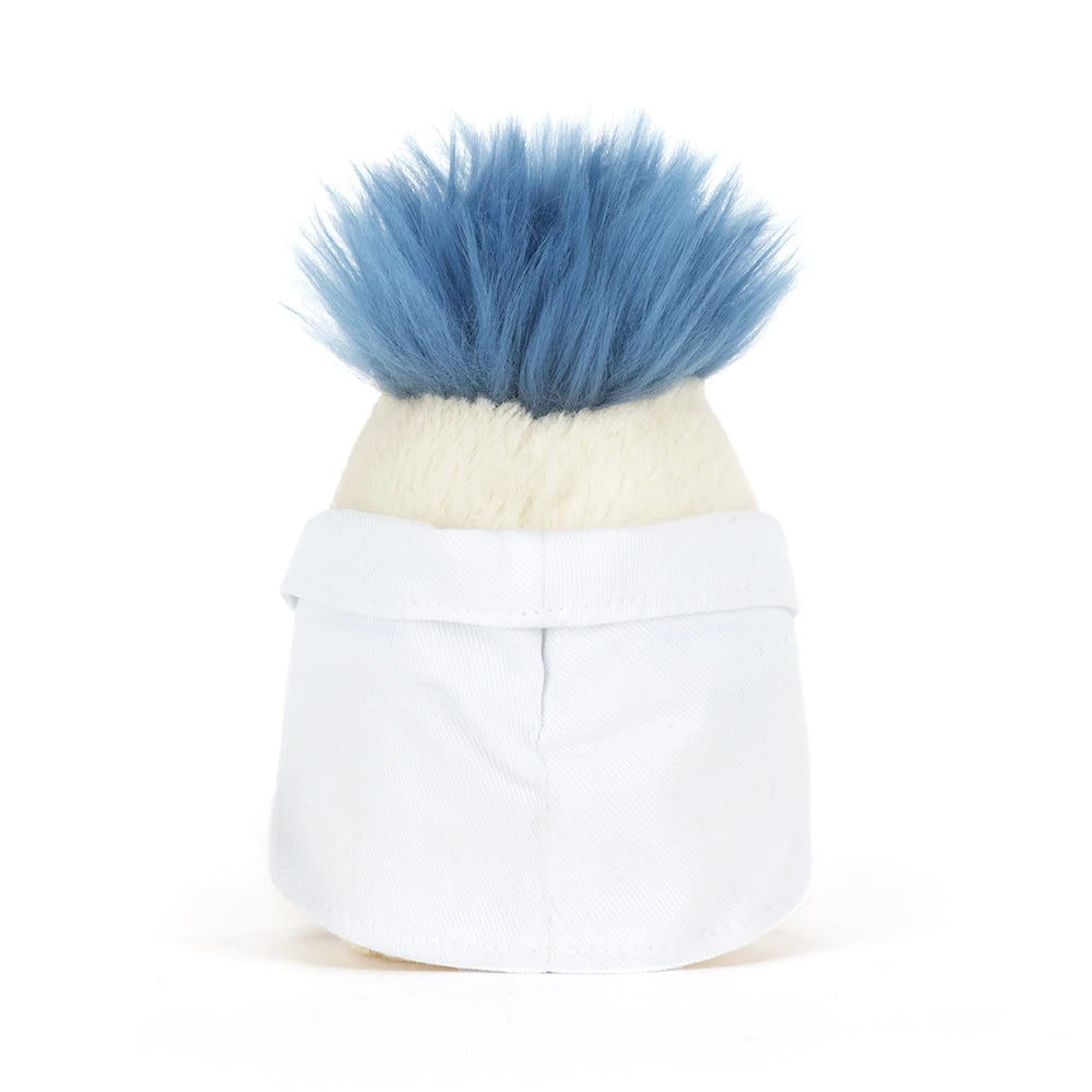 Rear view of Jellycat Boiled Egg Scientist Outfit showing fluffy blue hair and the back of its white lab coat.