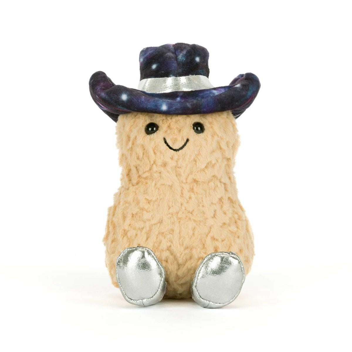 Front view of Jellycat Peanut Space Rodeo Outfit with a smiling face, galaxy-print cowboy hat and silver boots.