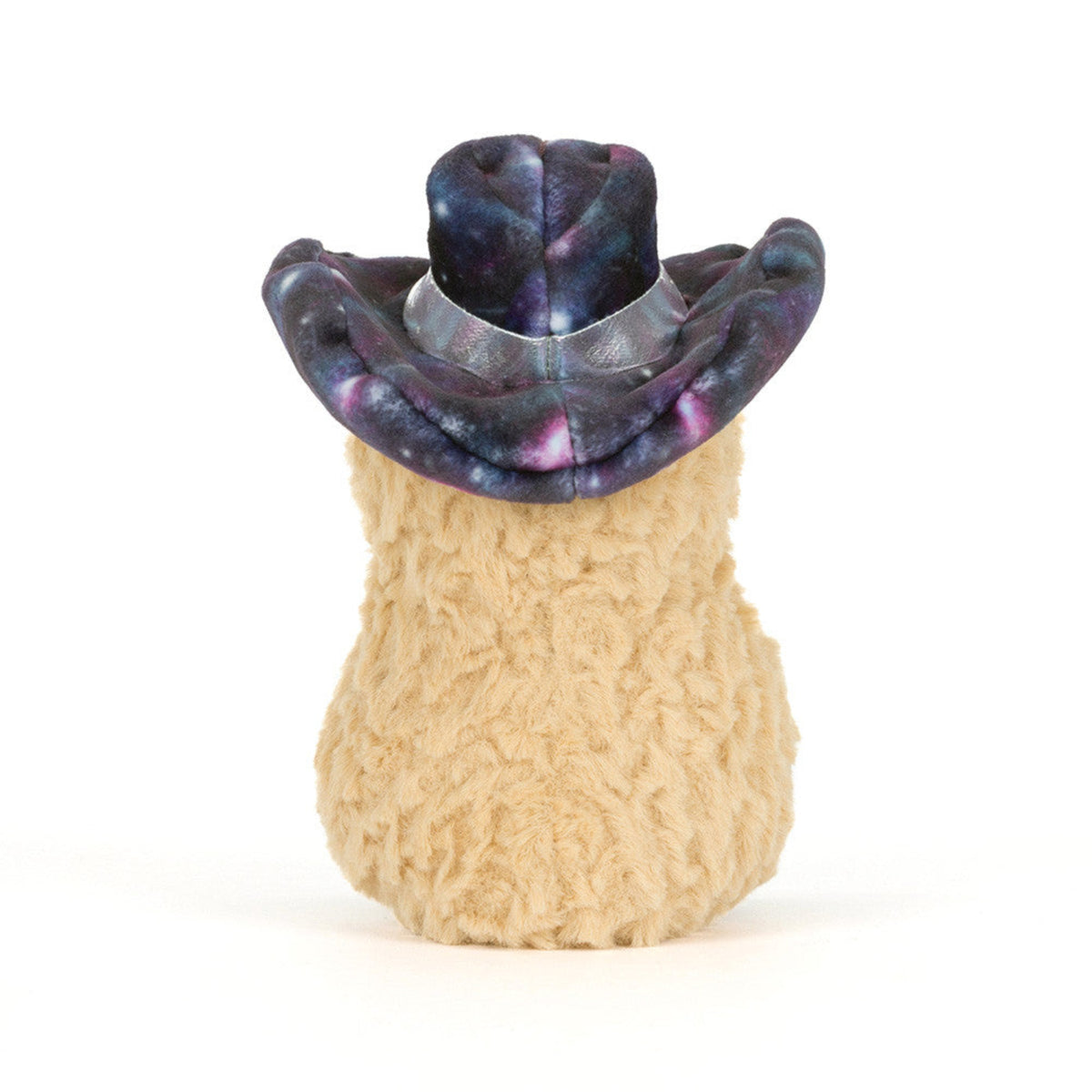 Rear view of Amuseables Peanut Space Rodeo Outfit showing its beige plush body and galaxy-print cowboy hat with silver band.