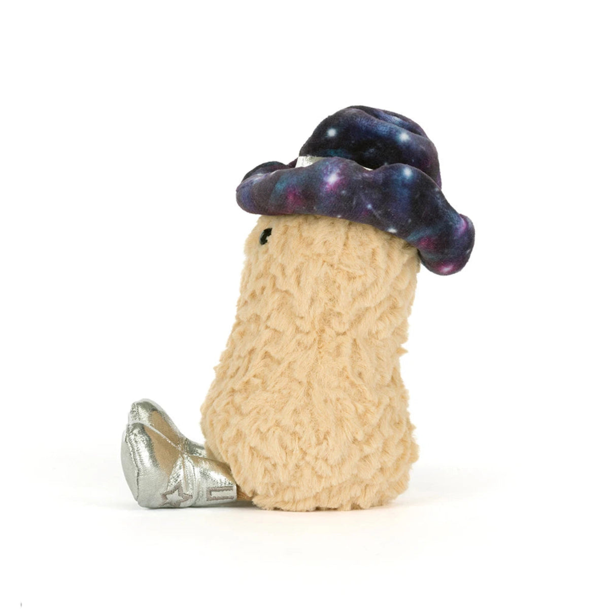 Side view of Jellycat Peanut Space Rodeo Outfit showing textured beige plush, a galaxy-print hat and silver boots.