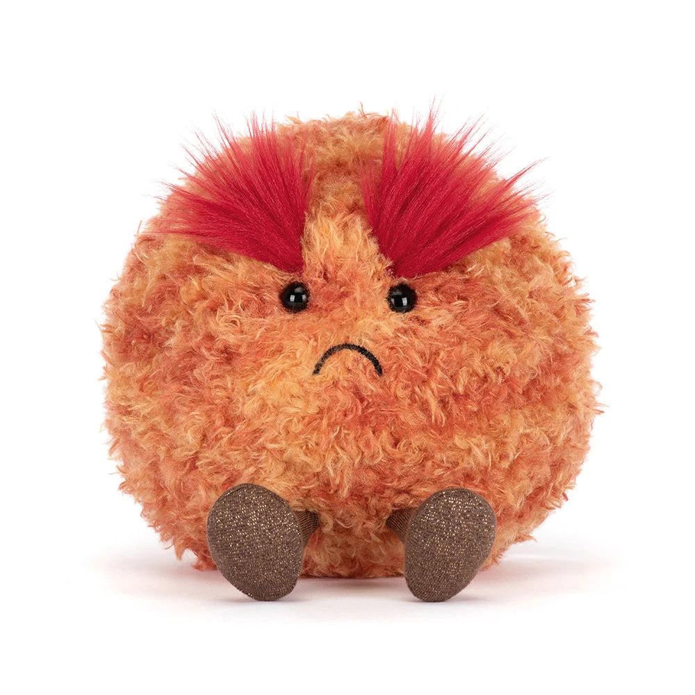 Front view of Jellycat Amuseables Planet Mars with oversized red eyebrows, a stitched frown and brown feet.