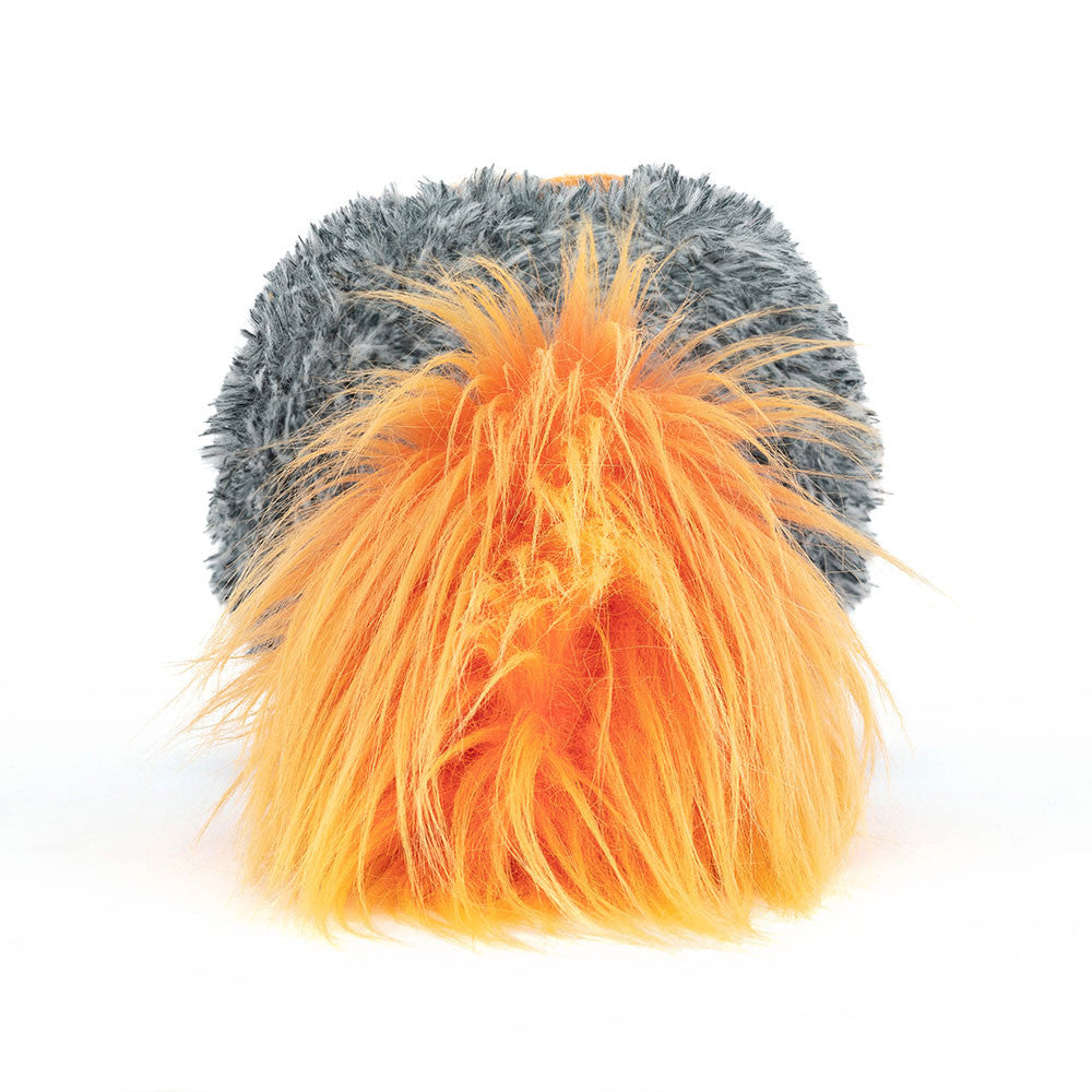 Rear view of Amuseables Space Comet showing its fluffy orange-and-yellow tail and grey body.