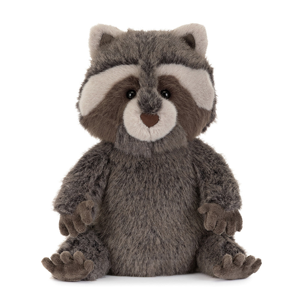 Front view of Jellycat Trixiwoo Raccoon with cream facial markings, brown nose and outstretched paws.