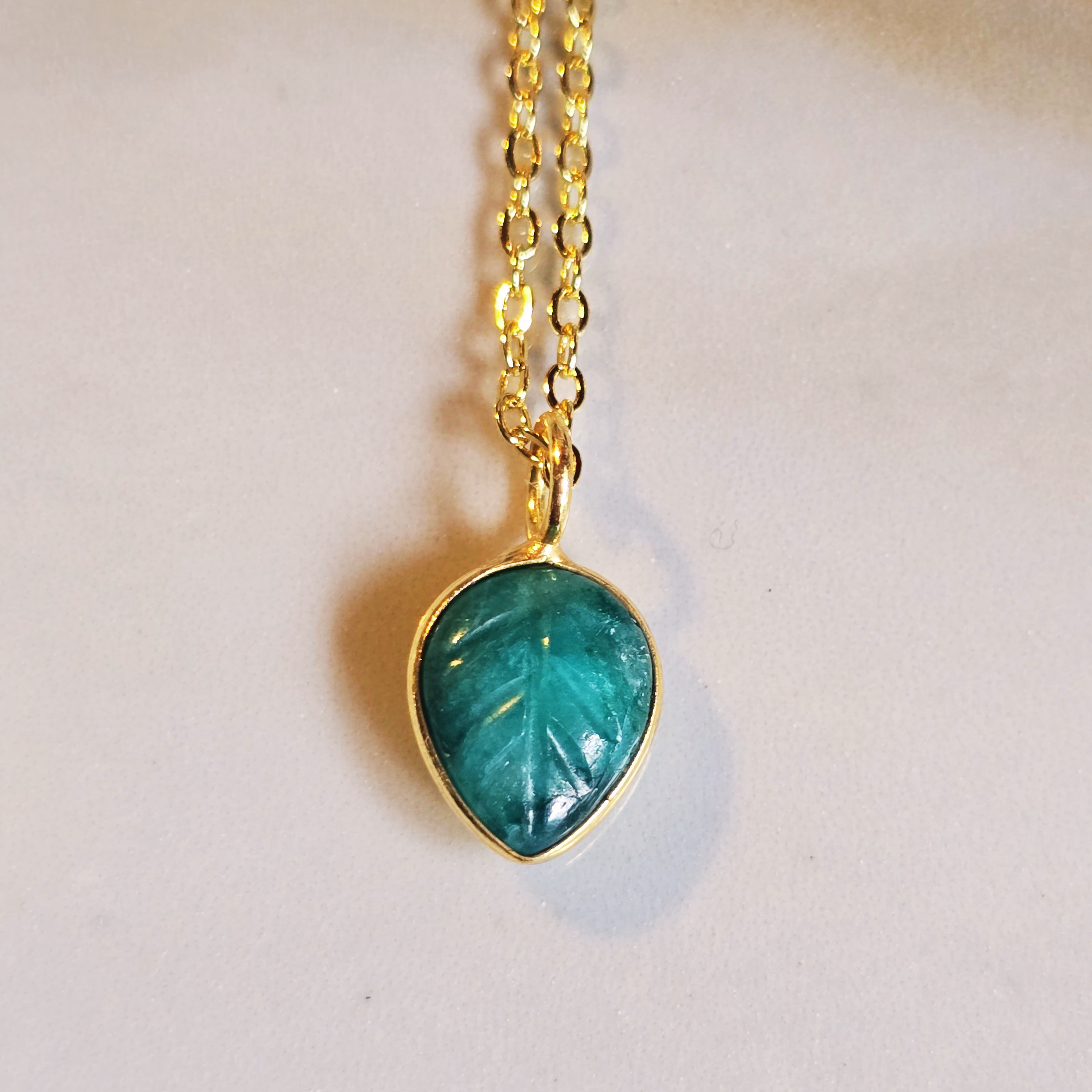 MOOCH London - Carved Gemstone Mini Leaf Pendant Necklace
