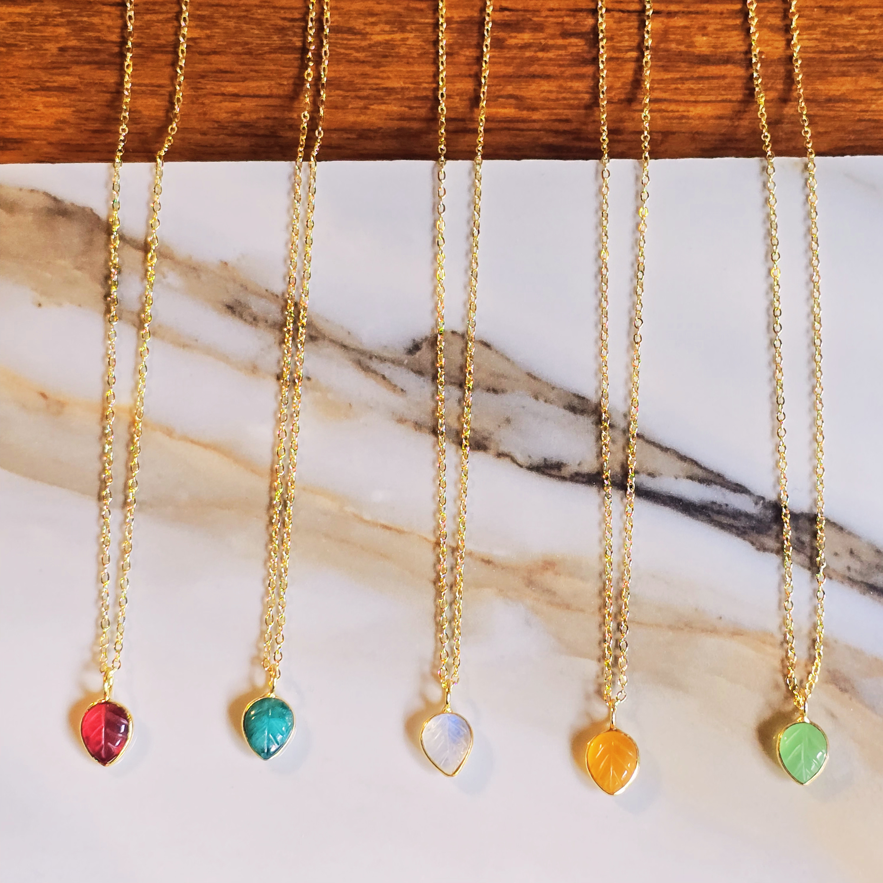 MOOCH London - Carved Gemstone Mini Leaf Pendant Necklace