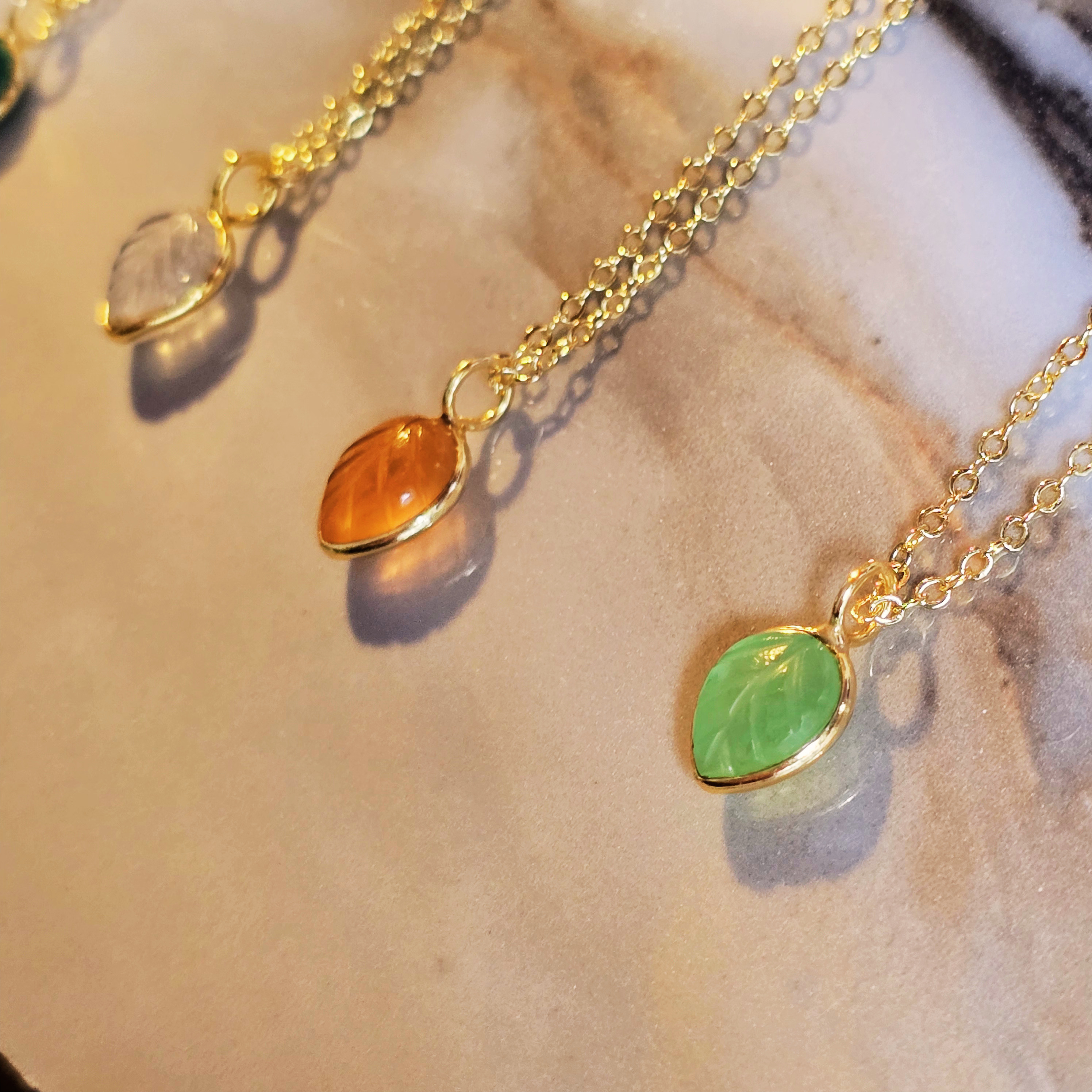 MOOCH London - Carved Gemstone Mini Leaf Pendant Necklace