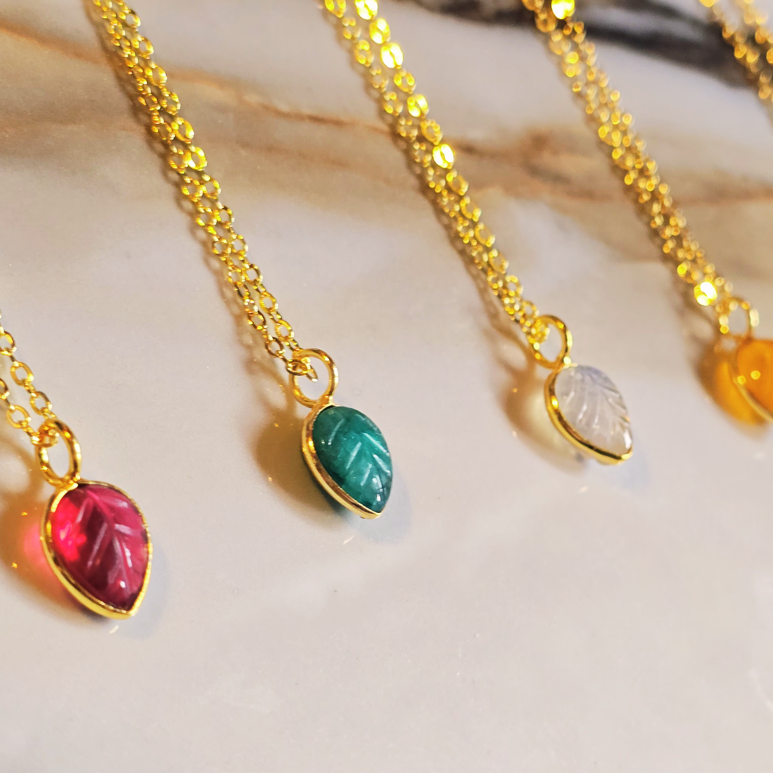 MOOCH London - Carved Gemstone Mini Leaf Pendant Necklace