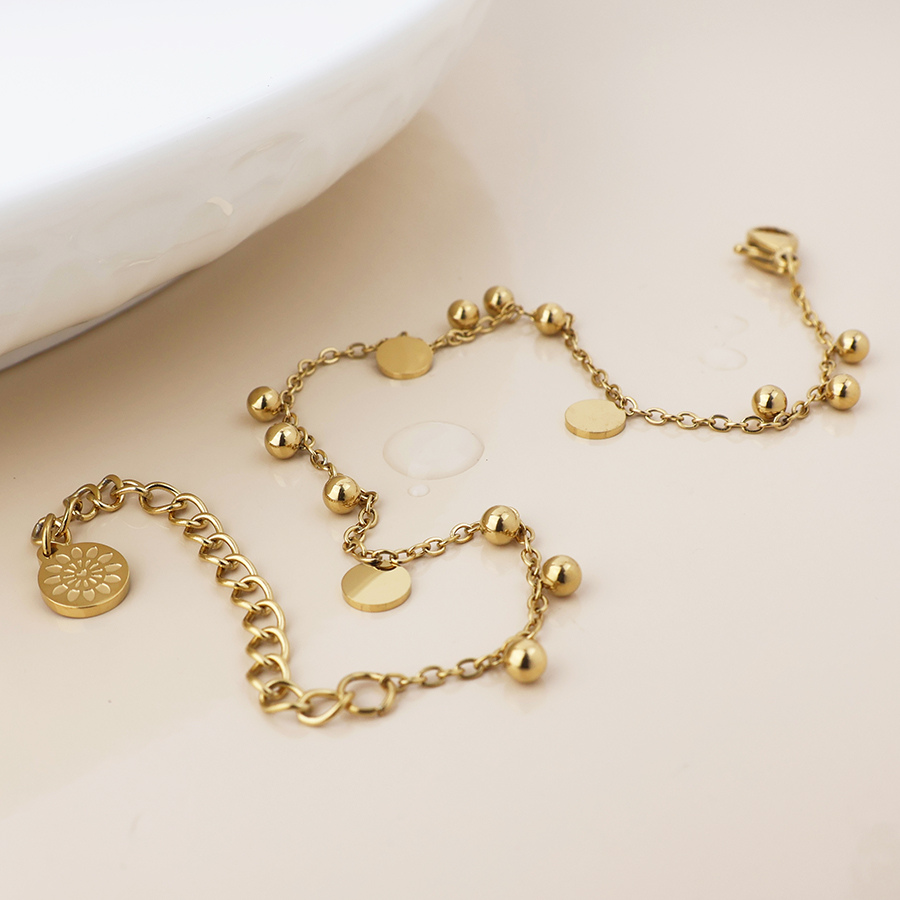 Waterproof Gold Plated Bobble Beads & Disc Charm Anklet