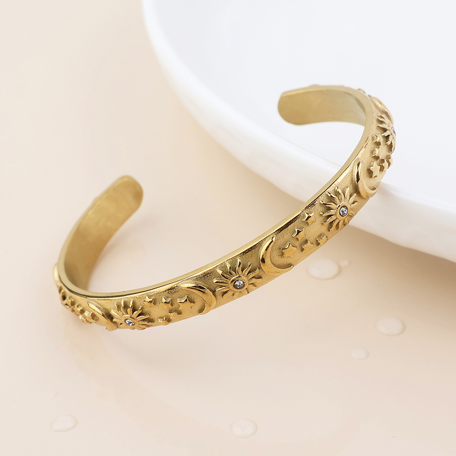 Waterproof Gold Plated Star & Moon Embossed Bangle