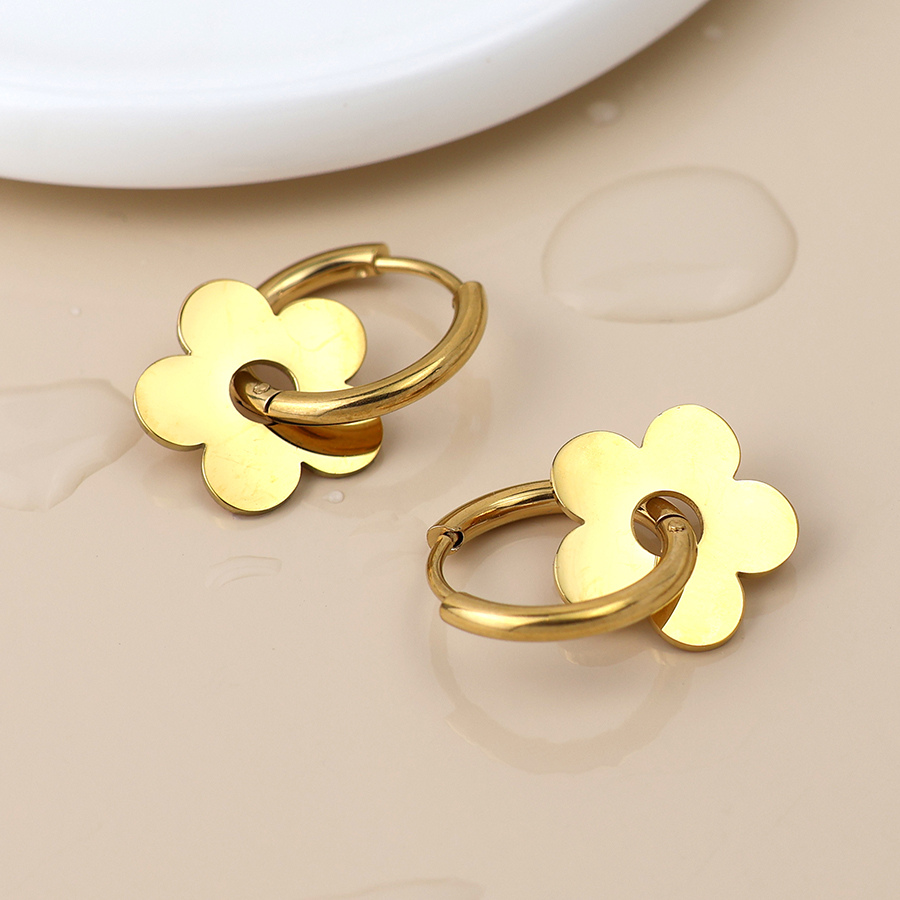 Waterproof Gold Plated Creole Hoop Earrings with Retro Flower Charm