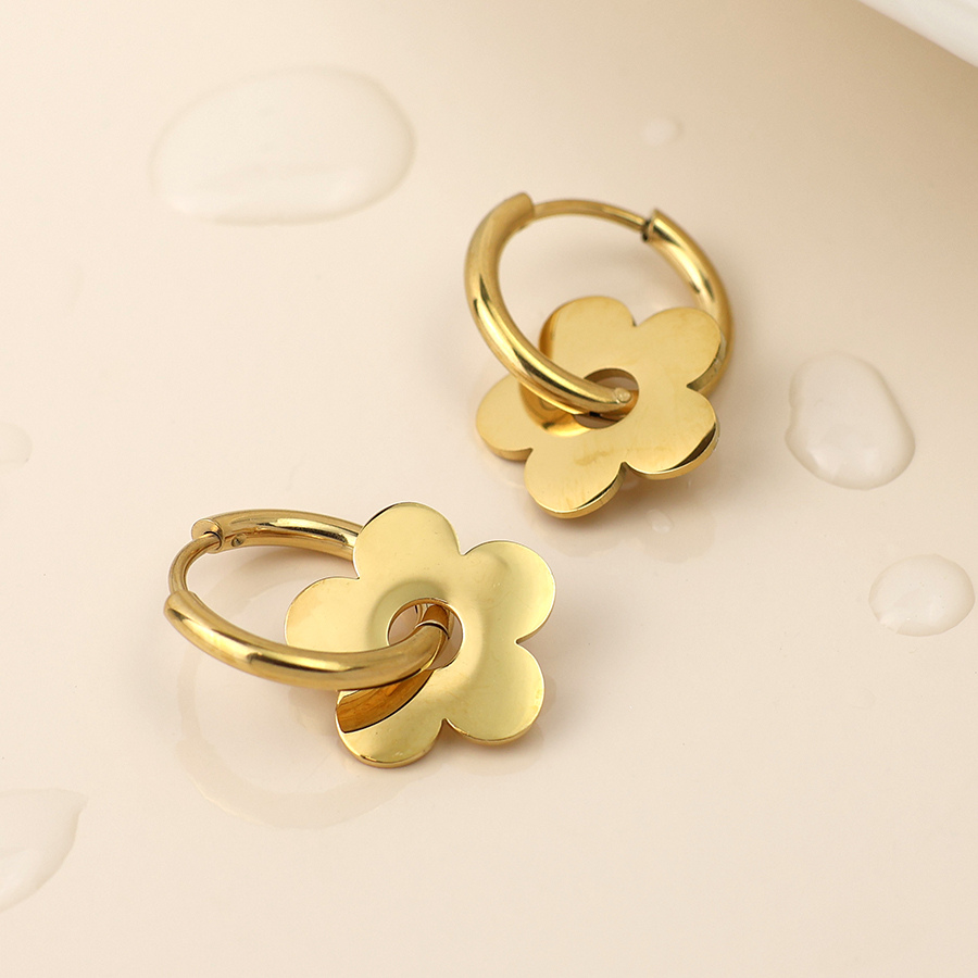 Waterproof Gold Plated Creole Hoop Earrings with Retro Flower Charm